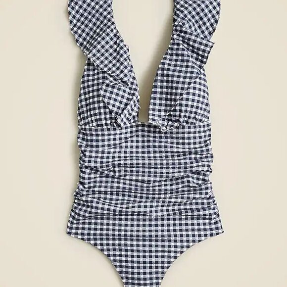 JCREW Ruched ruffle one-piece swimsuit in classic gingham Sz 0 NWT - Picture 1 of 9